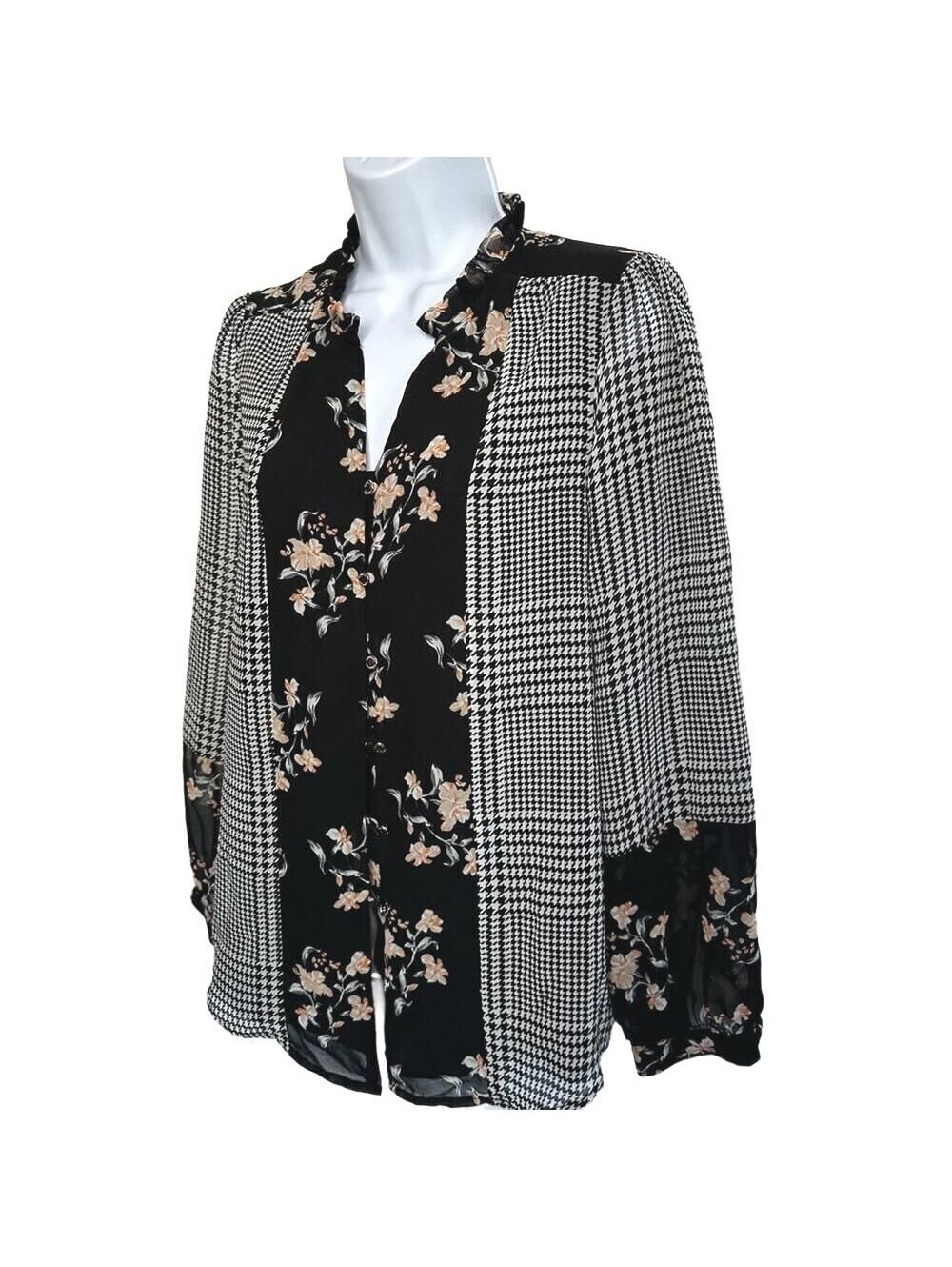 Calvin Klein Women's Small Black Floral and Houndstooth Button-Front Blouse